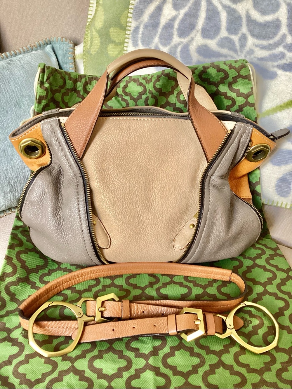 orYANY “Lian” Tri-Tone Leather Satchel in Beige, Gray & Tan